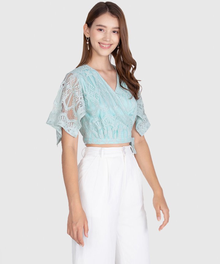 Annette Lace Cropped Blouse - Seafoam