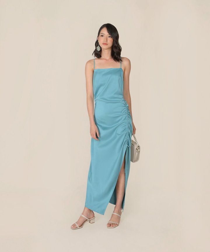 Amandine Satin Gathered Dress - Ocean