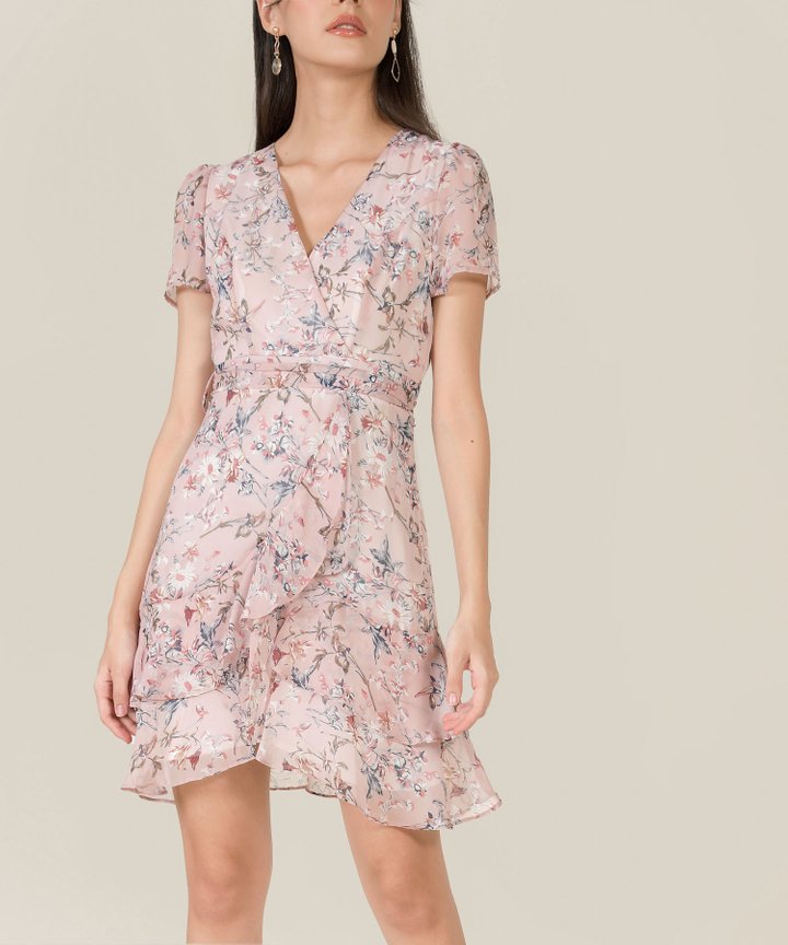 Anglaise Floral Ruffle Overlay Dress - Pale Pink