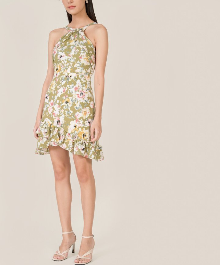 Behati Abstract Floral Halter Dress - Chartreuse