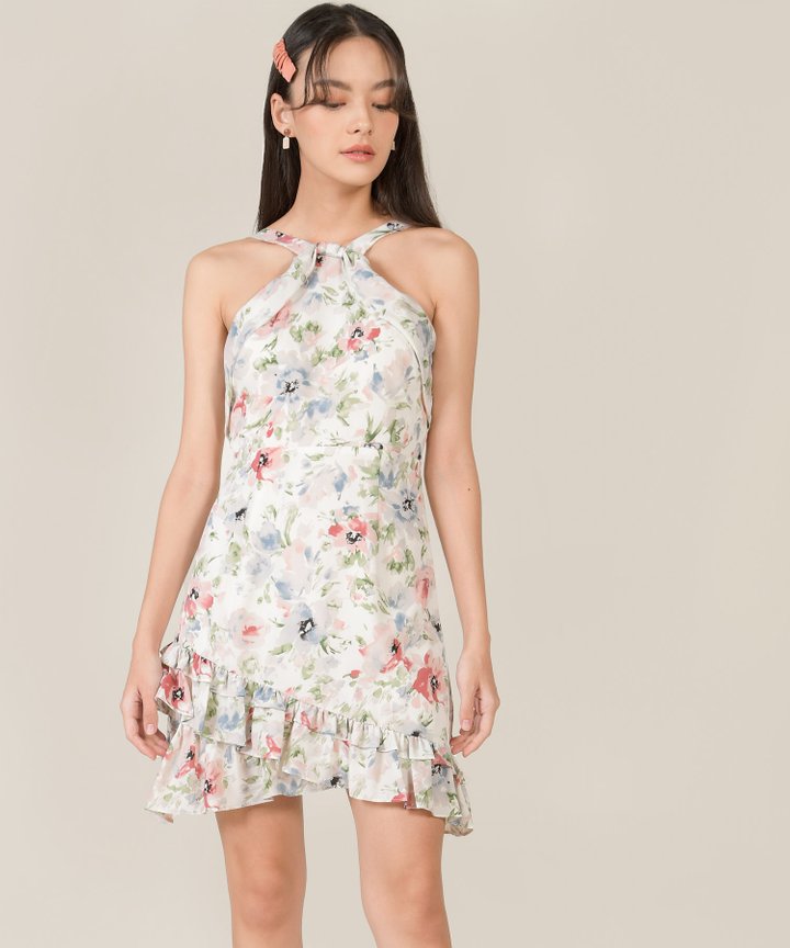 Behati Abstract Floral Halter Dress - White