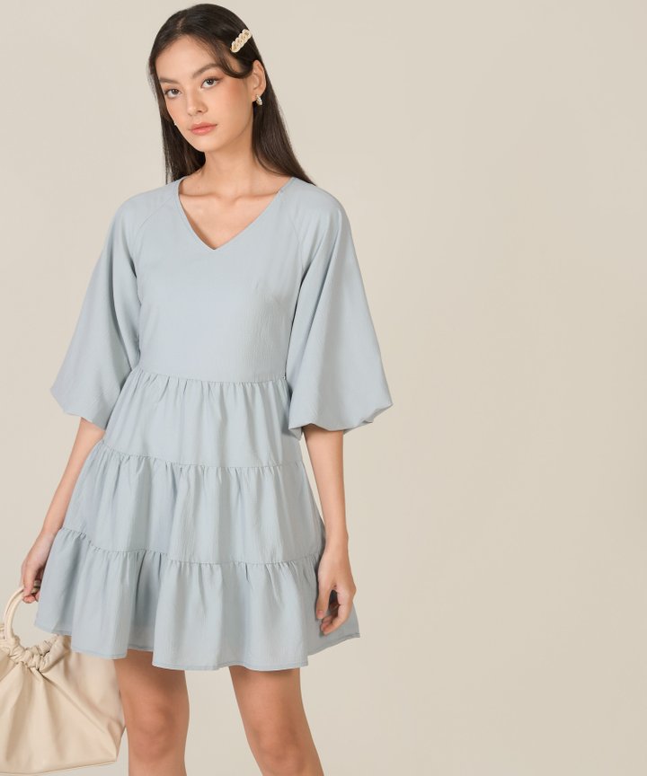 Bellina Puff Sleeve Tiered Dress - Mist Blue