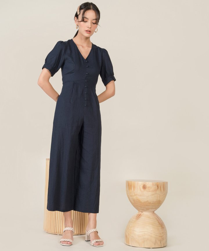 Brianna Linen Button Down Jumpsuit - Midnight Blue