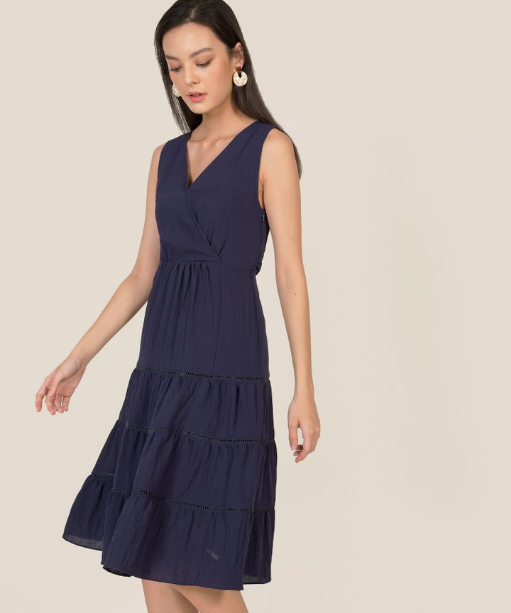 Clarisse Linen Tiered Midi Dress - Navy