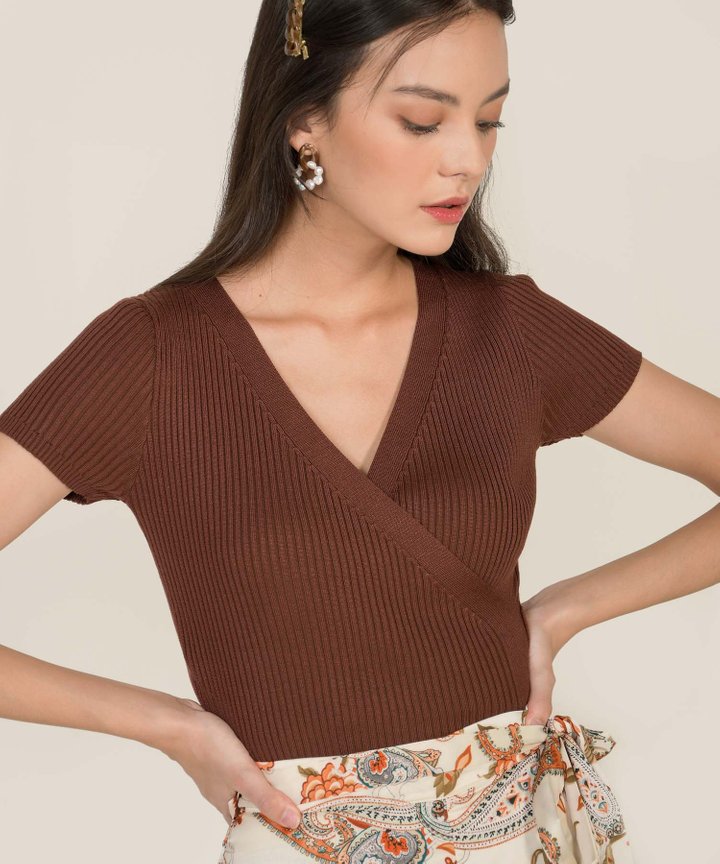 Devon Knit Overlay Cropped Top - Chocolate