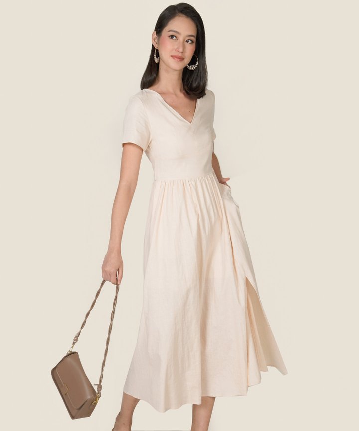 Hera Gathered Midi Dress - Ecru