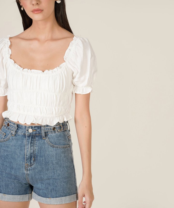 Massimo Smocked Ruffle Top - White