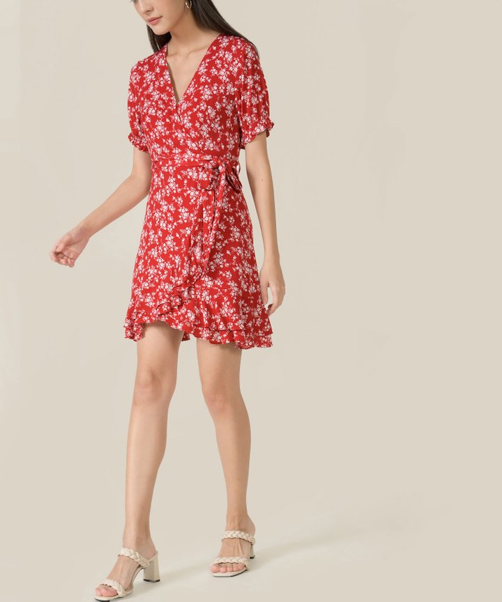 Rue Floral Ruffle Overlay Dress - Scarlet