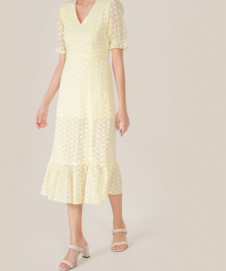 Venice Floral Embroidered Midi Dress - Lemon Chiffon