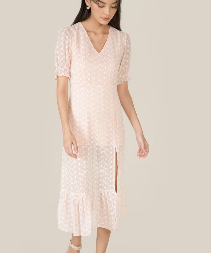 Venice Floral Embroidered Midi Dress - Pale Blush